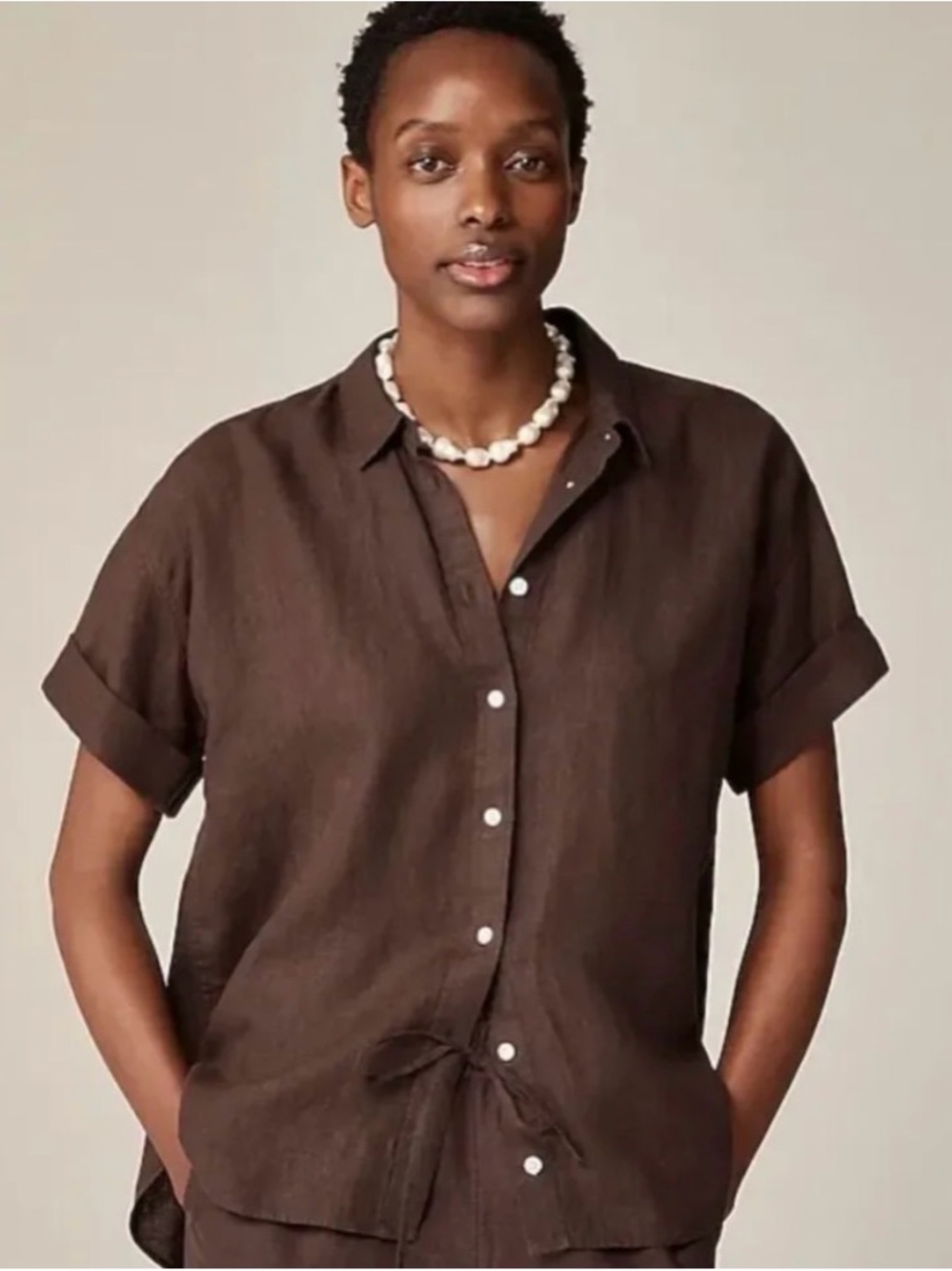 J. Crew Baird McNutt Brown Short-Sleeve Button-Front Shirt with Hem Tie Linen XS